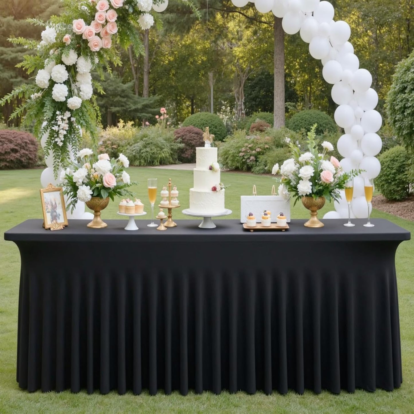 6 pk Black Spandex Tablecloth 6ft with Ruffled Skirt,Wrinkle Free High Stretch Fitted Tablecloths for 6 Foot Rectangle Tables,Pleated Elastic Spandex Table Covers 6ft for Parties Wedding Banquet