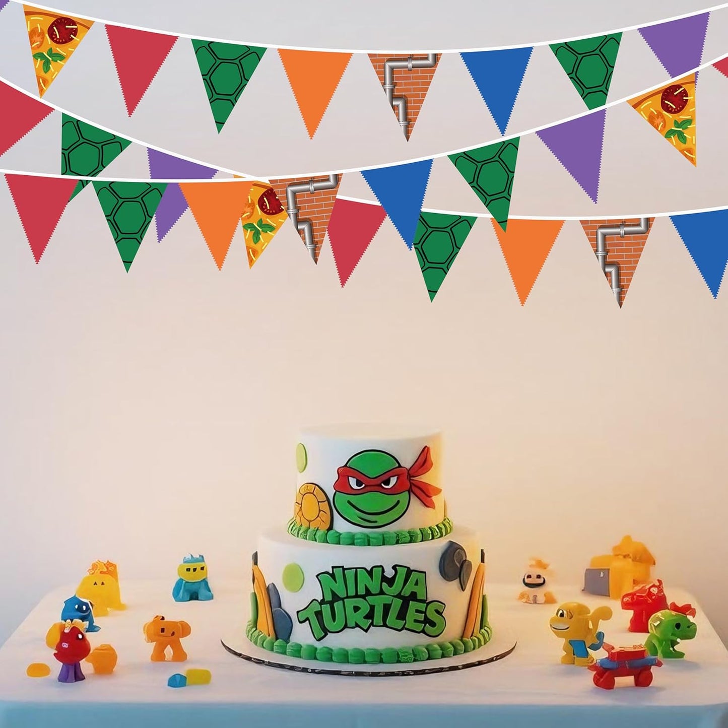 32Ft Cartoon Turtle Party Decorations Pizza and Brick Wall Triangle Flag Pennant Banner Fabric Garland Streamer for Kids Boys Superhero Birthday Turtle Baby Shower Video Games Party Decor Supplies