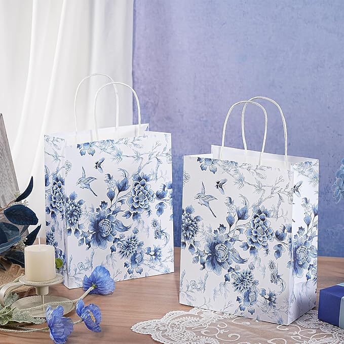 Loveinside Blue and White Flower Paper Gift Bag, Vintage Floral Deisgn with Handles Grocery Shopping Bags Candy Goodie Bags for Birthday, Wedding, Spring, Mother's Day, 8" x 4" x 10", 12 Pcs