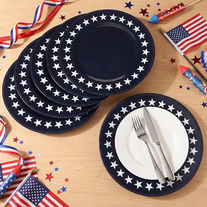 Yungyan 6 Pcs 250 Anniversary Charger Plates 13 Inch Round Navy Blue Independence Patriotic 4th of July Star Plastic Plates Large Charger Plate for Party Decorations Dinner Tableware Supplies