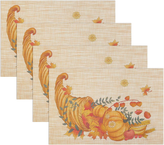 Thanksgiving Placemats Set of 4 Fall Place Mats Pumpkin Maple Leaves Table Mats Washable Non-Slip Heatproof Woven Placemats for Dining Table (17.7" X 11.8")