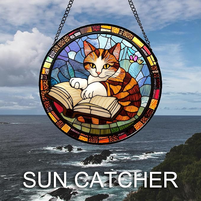 Stained Glass Window Hanging Little Cat Reading 7.8" - Suncatcher Door Garden Kitchen Sunroom Sun Catcher Home Decor Birthday for Lost Pets Mom Grandma Men Woman Friend