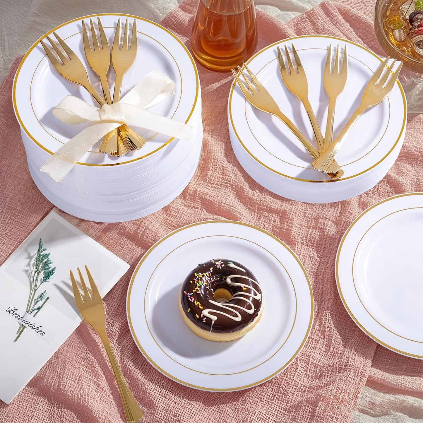 WELLIFE 120 PCS Plastic Dessert Plates and 120 PCS Forks, 6.3 inch Disposable Salad Plate, Premium White Appetizer Plates with Gold Rims Perfect for Parties, Weddings