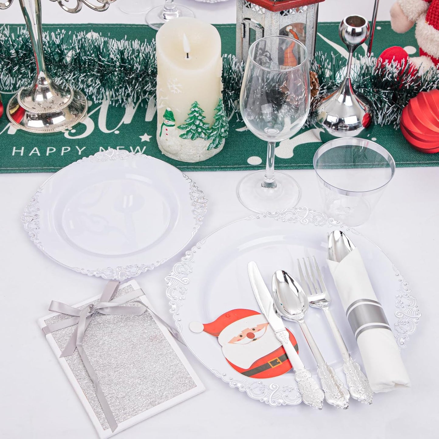 Liacere 350PCS Silver Plastic Plates&Pre Rolled Napkins for 50 Guests - Plastic Dinnerware Sets 100Silver Disposable Plates, 150Silver Silverware, 50Cups and 50Napkins for Wedding