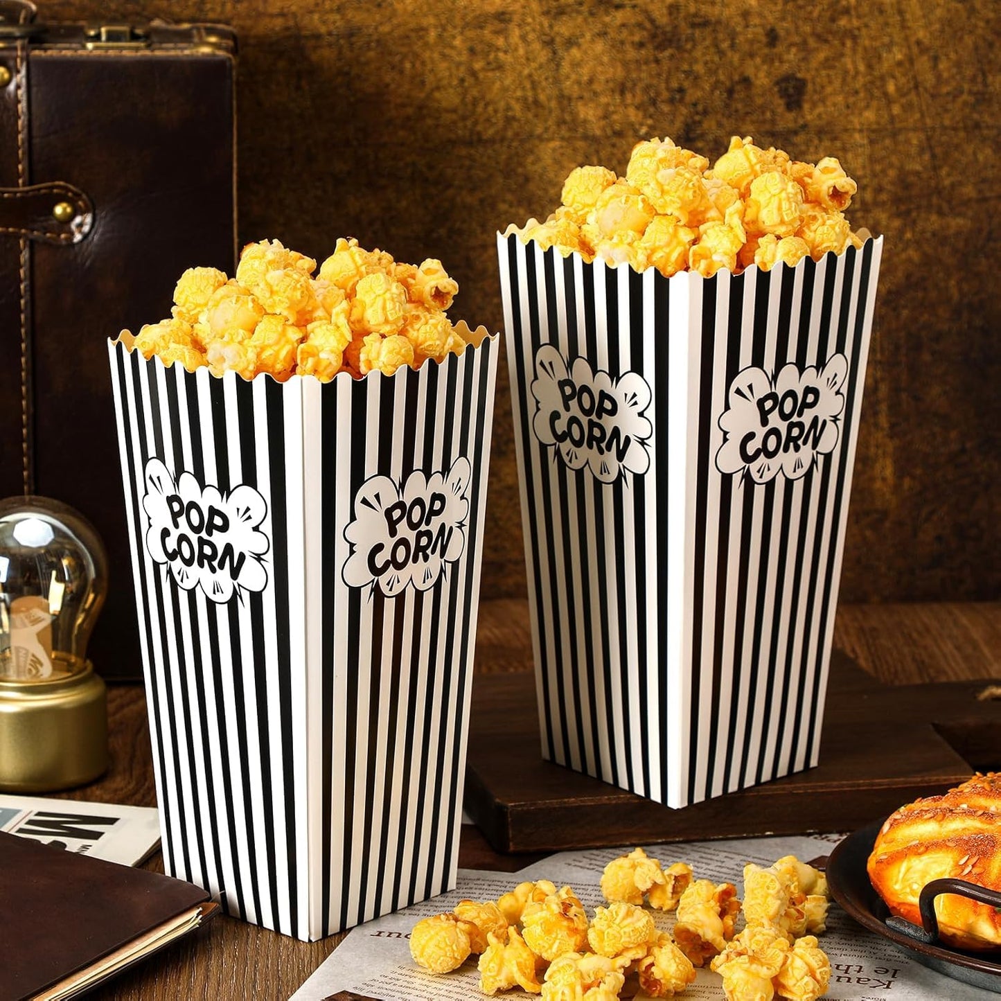DECYOOL Popcorn Boxes, 18 Movie Night Popcorn Paper Buckets 7.88 Inches Tall Large & Holds 46Oz Capacity Popcorn Bags Individual Servings for Home,Carnival Party Supplies