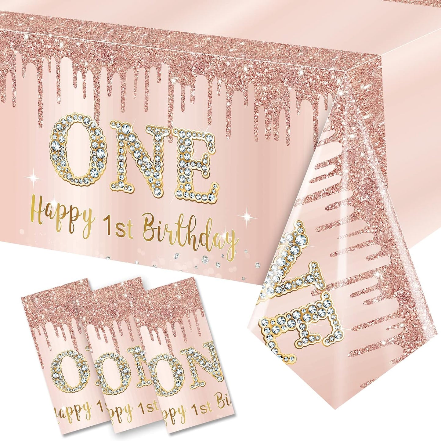 Excelloon 3 Pcs 1st Birthday Tablecloth Decorations for Baby, Pink Rose Gold First Birthday Theme Table Cover Party Supplies, One Year Old Birthday Plastic Disposable Rectangular Table Cloth Decor