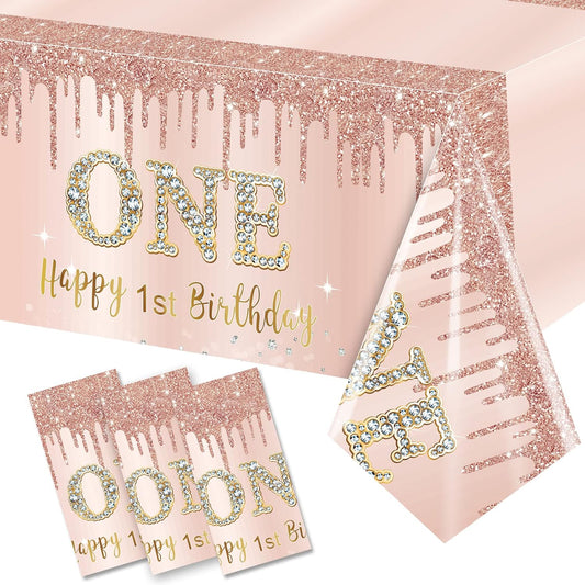 Excelloon 3 Pcs 1st Birthday Tablecloth Decorations for Baby, Pink Rose Gold First Birthday Theme Table Cover Party Supplies, One Year Old Birthday Plastic Disposable Rectangular Table Cloth Decor
