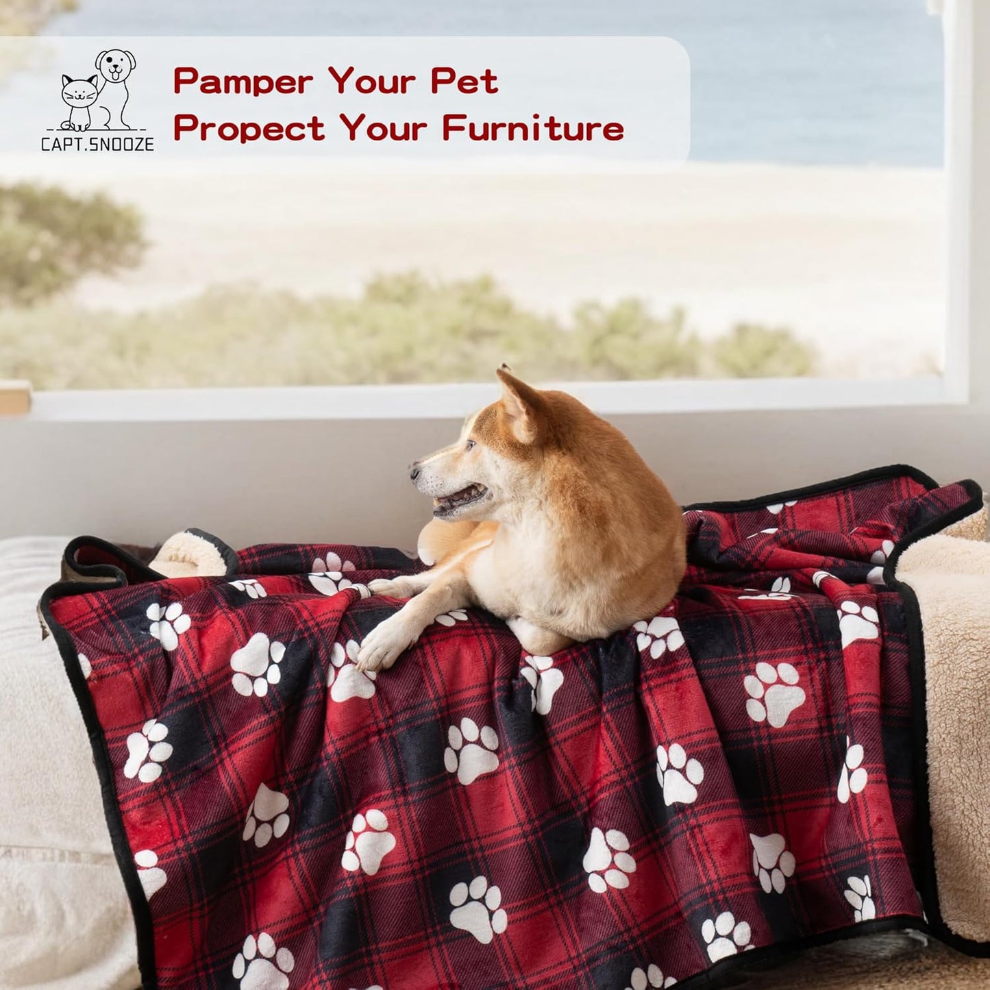 Waterproof Dog Blankets, 30"x40" Cat Blanket for Indoor Cats, Soft Fluffy Sofa Car Bed Protector, Reversible Sherpa Fleece Puppy Blanket for Small Medium Dogs Christmas Decor(Snow Red)