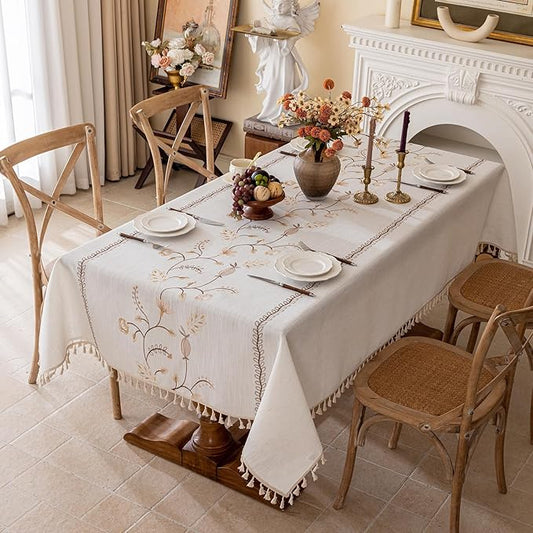 Joyfol Day Rustic Rectangle Table Cloth, Heavy Duty Linen Florals Embroidery Tablecloths, Farmhouse Waterproof Tablecloth, Wrinkle Free Table Cover with Tassels, Coffee Berry, 55''x 120''