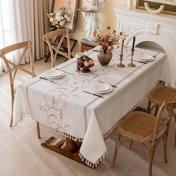Joyfol Day Rustic Square Table Cloth, Heavy Duty Linen Florals Embroidery Tablecloths, Farmhouse Waterproof Tablecloth, Wrinkle Free Table Cover with Tassels, Coffee Berry, 55''x 55''