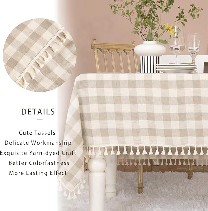 Rustic Checkered Tablecloth, Cotton Gingham Rectangle Table Cloths for Kitchen Dining Restaurant Farmhouse Thanksgiving Christmas Decor (55x84”,Gray Khaki)