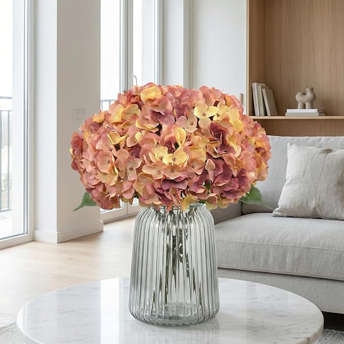 2Bouquets Artificial Fake Flowers Plants Silk Hydrangea Arrangements Wedding Bouquets Decorations Plastic Floral Home Kitchen Garden Party Festival Bar DIY(Champagne-Dusty Pink)