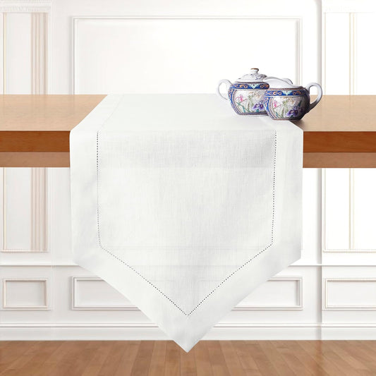 D'Moksha Homes White Linen Table Runner 120 Inches Long - 100% Pure Linen Diamond Table Runner 14 x 120 Inch for Dining, Fall and Halloween - Machine Washable