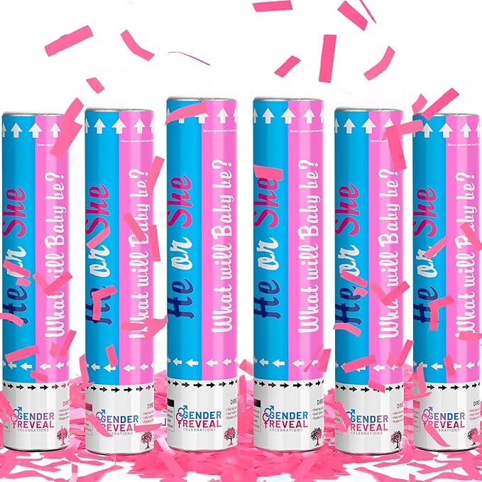 POPUPARTY 6 Pack Gender Reveal Confetti Cannon | No Powder Confetti Poppers | Ideal for Baby Girl Gender Reveal Decoration (6 Pink)