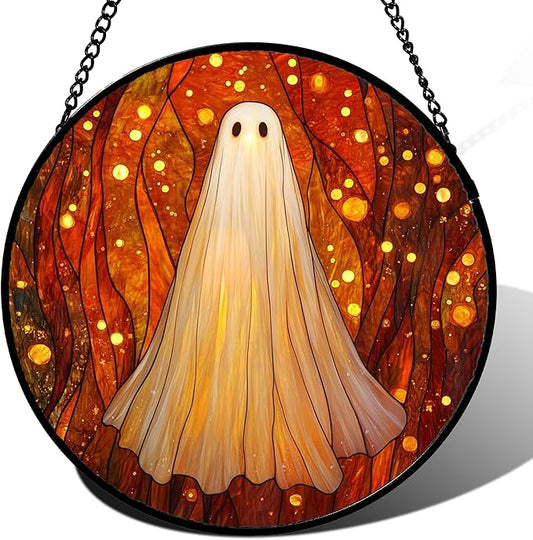 Stained Glass Window Hanging - Halloween Decoration Glowing Forest Ghost Suncatcher for Door Garden Spooky Orange Sun Catchers Gothic Decor Horror Gifts for Women Men Friend Boy Girl 6.3 in