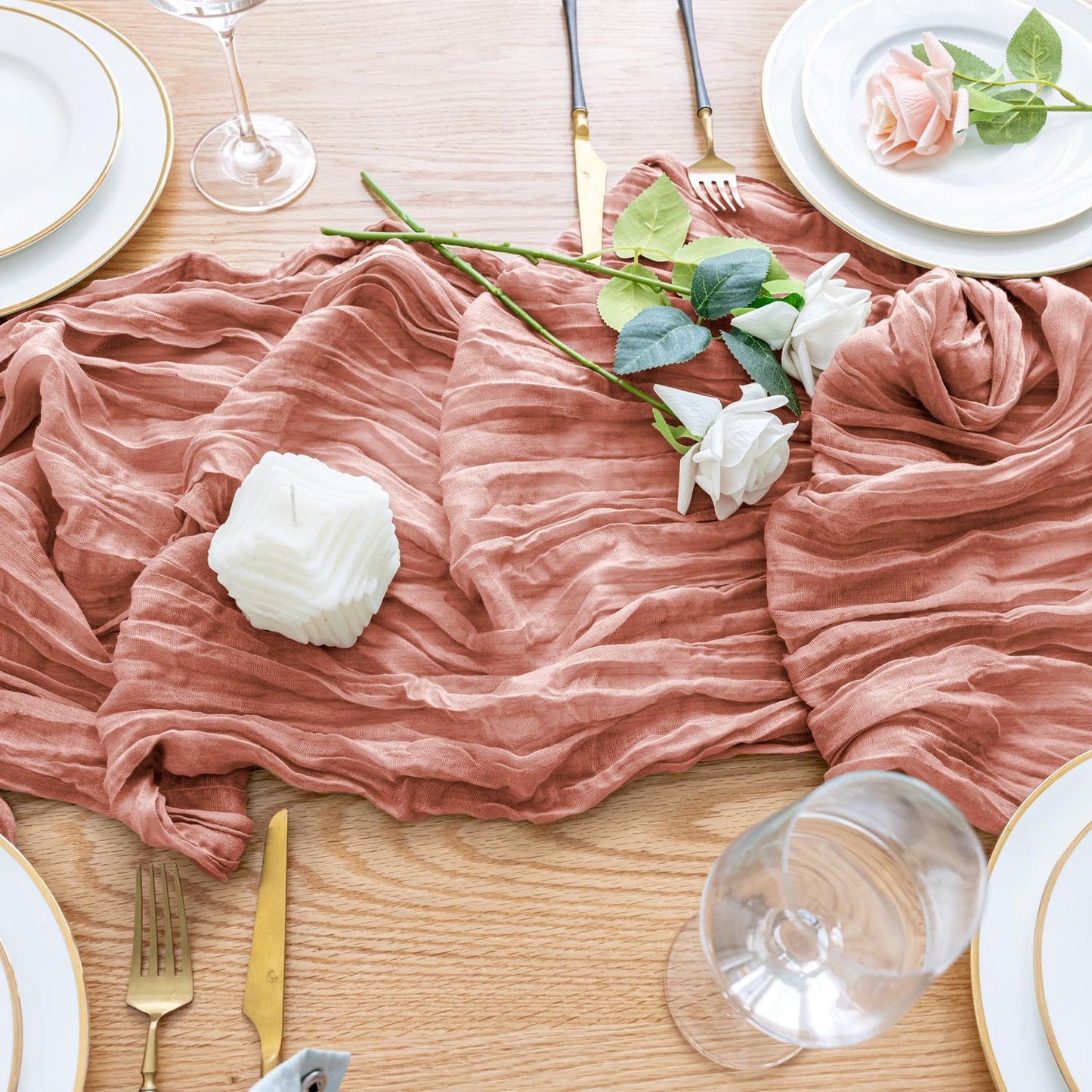 Wokceer Cheesecloth Table Runner Christmas 10FT Dark Rose Boho Gauze Fall Thanksgiving Cheese Cloth Table Runner for Party Long Rustic Sheer Table Runners for Baby Bridal Shower Wedding Easter Table
