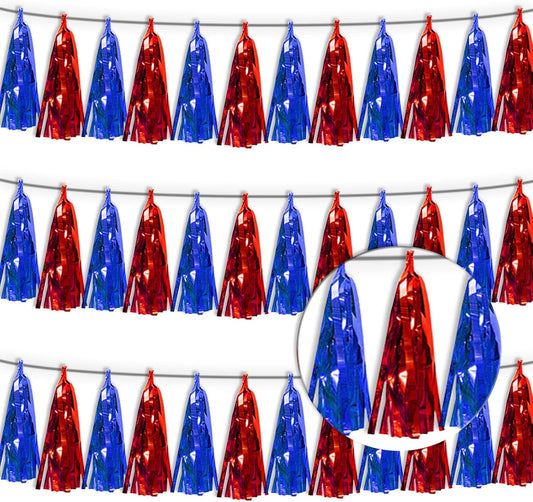 3P Blue Red Tassel Banner Garland Metallic Foil Fringe Banner Tinsel Tassels Streamer Banner Backdrop for Parade Floats, Graduation, Independence Day, 4th of july, Patriotic Themed Party Decoration