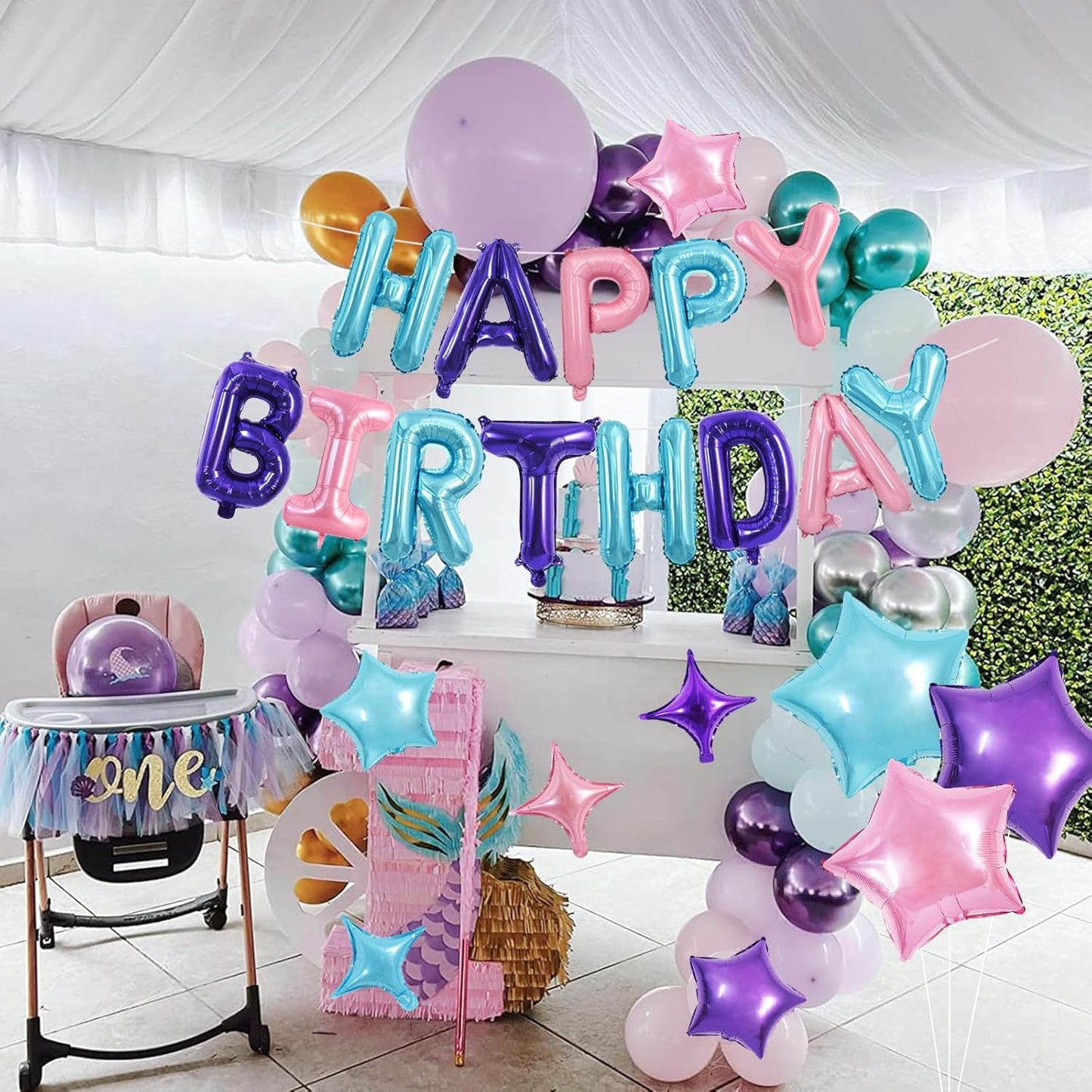 TONIFUL 35PCS Happy Birthday Decorations Kit 16 Inch Happy Birthday Balloon Banner with Star Balloons Mylar Foil Birthday Party Decorations Supplies for Adults Girls Boys Kids （Blue Purple Pink）