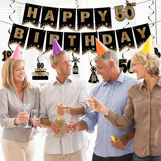 DARUNAXY 50th Birthday Party Decorations for Men Women, Vintage Back in 1976 Banner, Black 50 Number Balloons & Cake Topper, Vintage 1976 50 Birthday Honeycomb Hanging Swirl Confetti Balloons(30PC)