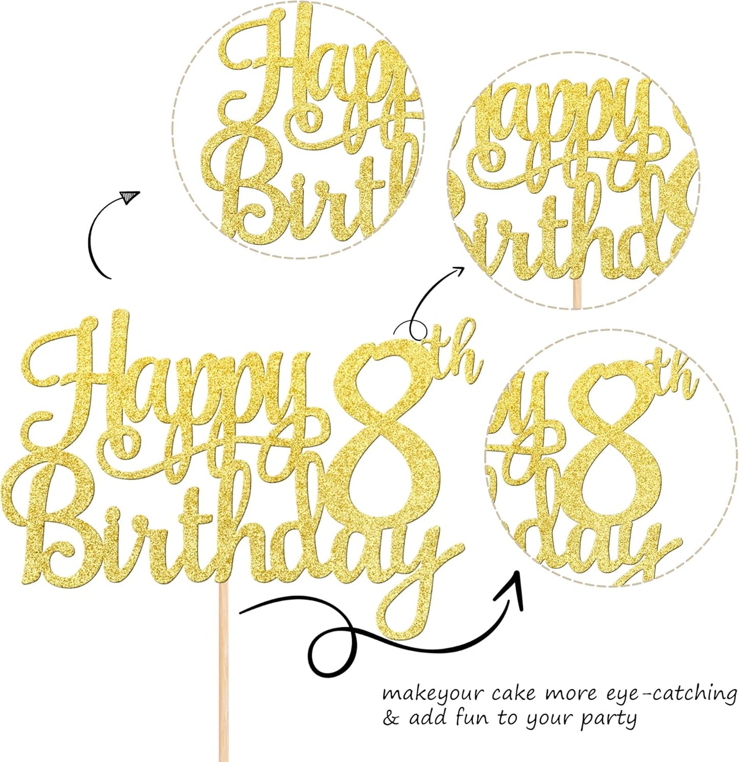1 PCS Happy 8th Birthday Cake Topper - Gold Glitter Cheers to 8 Years - Fabulous Cake Decoration for 8th Birthday Theme Party