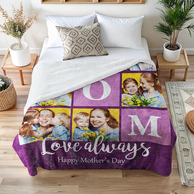 Mothers Day Blanket Gifts for Mom,Custom Blanket with Picture Text Personalized Photo Throw Blanket Customized New Moms Gift from Daughter Son Husband, Birthday Gift for Wife Grandma Grandmother Women