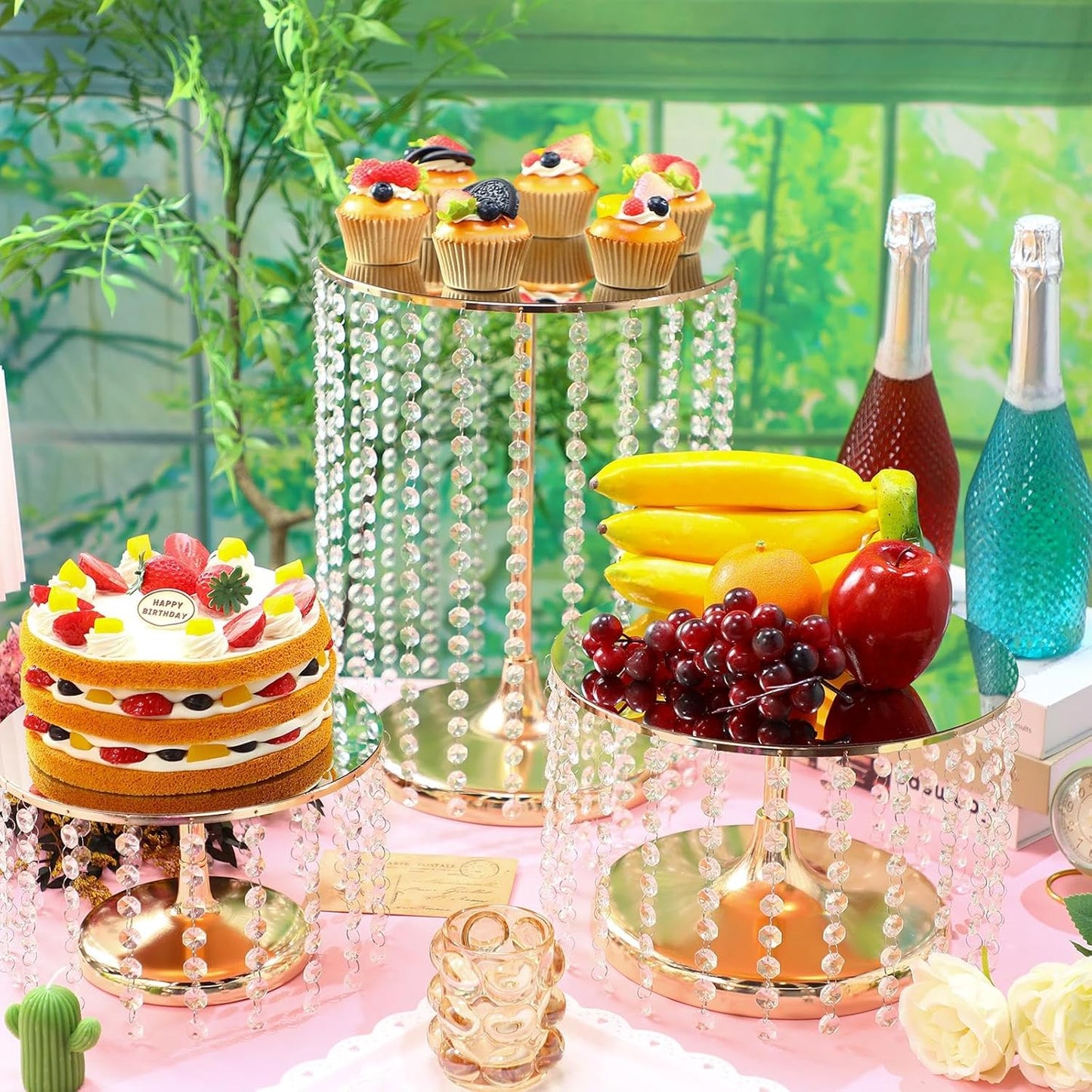 Set of 6 Metal Cake Stands with Crystal Pendant Round Dessert Display Plate Cupcake Holder Pedestal for Wedding Party Birthday Baby Shower Anniversary Celebration Home Decor (Gold)