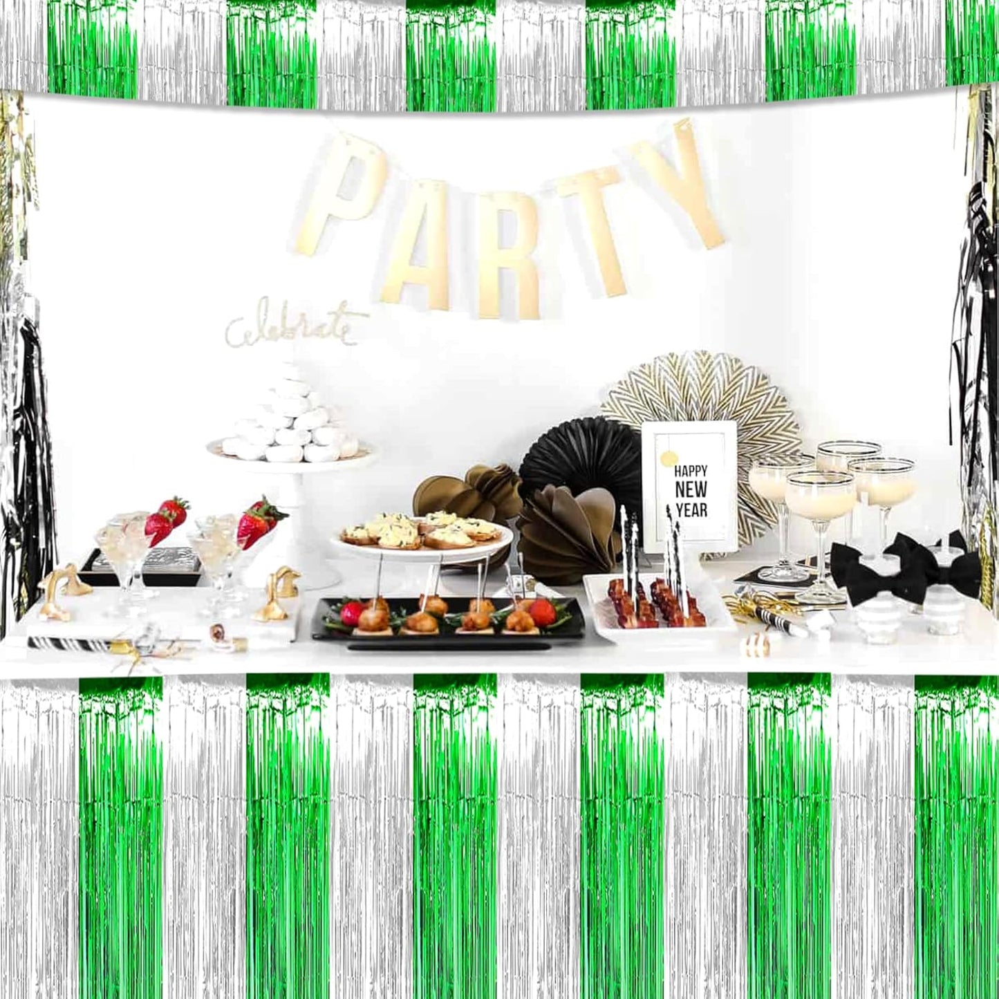 6 Pack 6 Feet Foil Fringe Garland Metallic Tassle Banner Wall Hanging Tinsel Streamers Backdrop for Parade Floats, Wedding, Birthday, Mardi Gras, St Patrick Day Party Decorations(Silver Green)