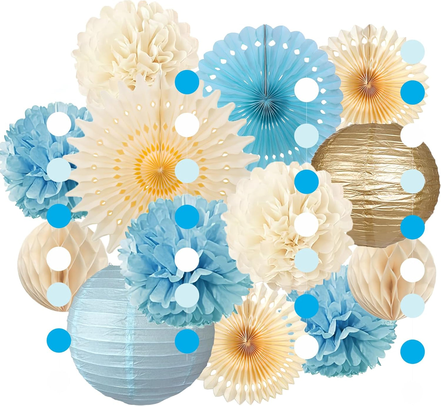 Dusty Blue and Cream Party Decorations Light Blue Paper Fans Paper Lanterns Pom Poms Flowers for Baby Shower Birthday Wedding Engagement Party