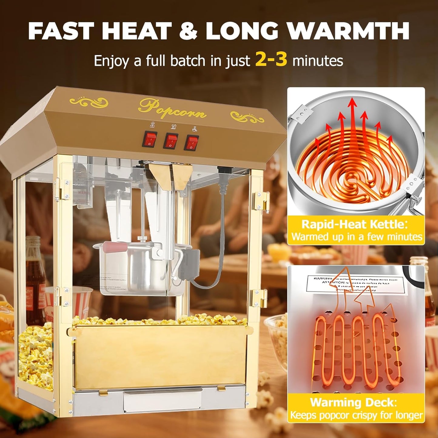Upgraded 16oz Commercial Popcorn Machine with Cart, Large Popcorn Machine Makes Up to 80 Cups, Movie Theater Pop Corn Machine with Easy-Rolling wheels & Stainless-Steel Kettle, Beige&Gold