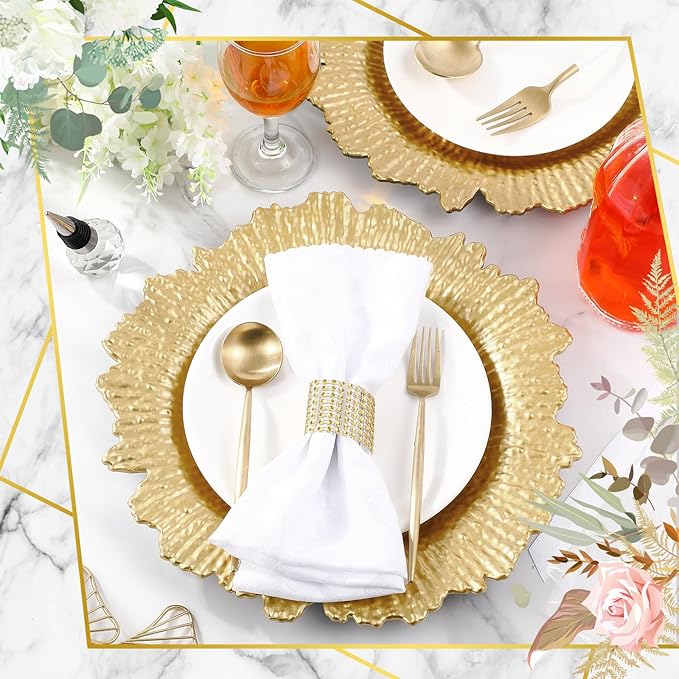 Rtteri 50 Pcs 13 Inch Charger Plates Bulk, Plastic Charger Plates with Floral Reef Design, Round Ruffled Rim Decorative Dinner Tableware for Wedding, Party, Event Table Decor(Light Gold)
