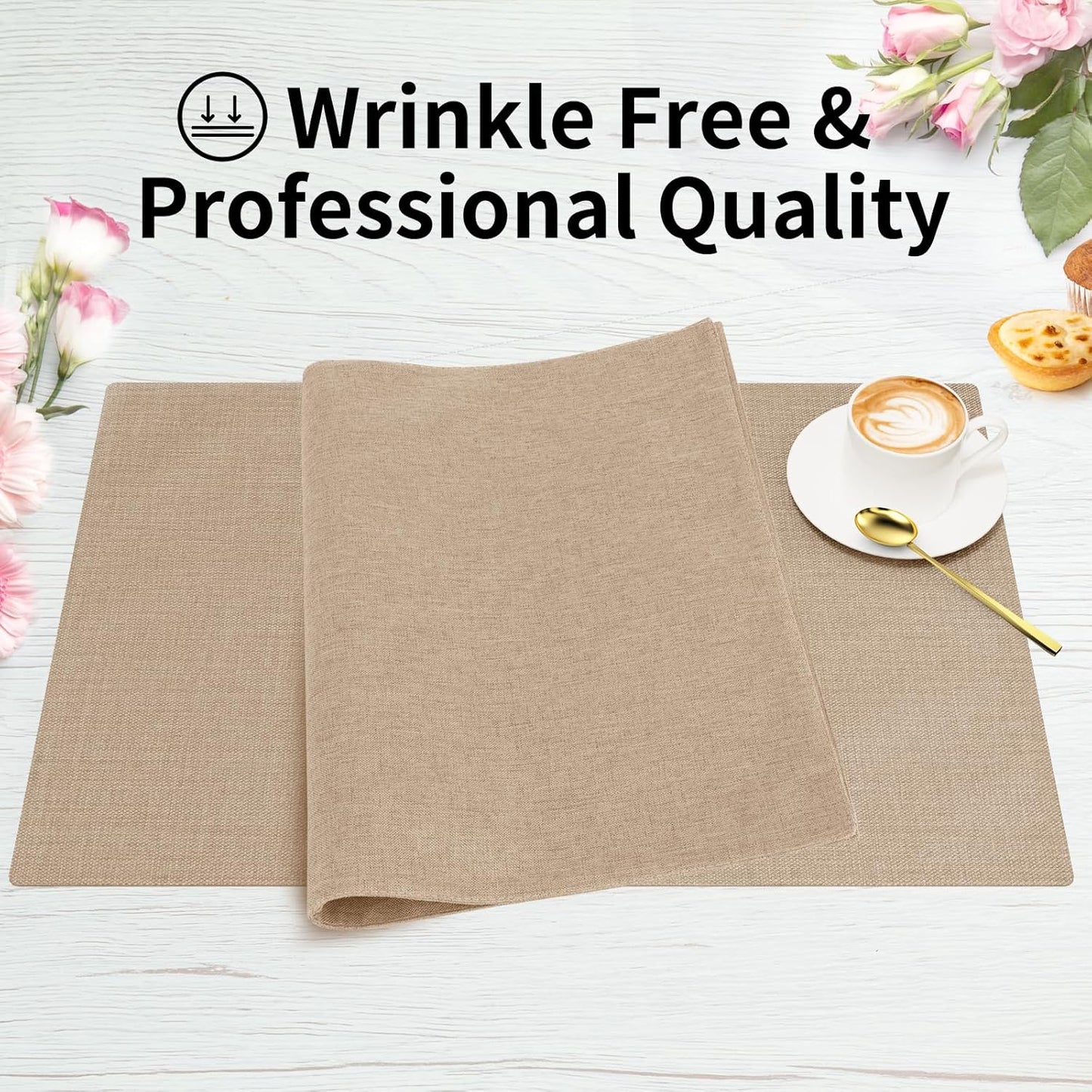 Cloth Placemats, Set of 4 Heat-Resistant Cotton Linen Blend Double Layered Machine Washable Place Mats, Wrinkle Free Thick Fabric Dining Table Mats for Indoors & Outdoors (Light Linen, 4)