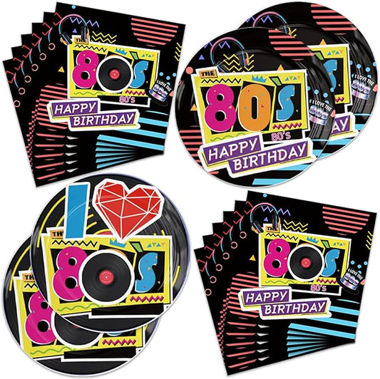 40Pcs 80s Birthday Party Decorations Plates 80s Themed Tableware Include Paper Plates Napkins for 20 Guests Baby Shower Birthday Party Decorations