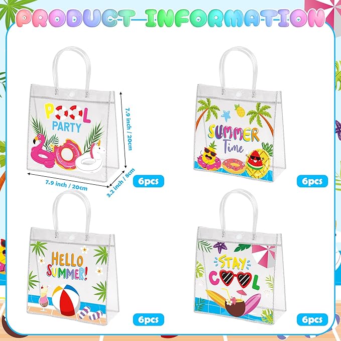 H1vojoxo Hello Summer Gift Bags - 24PCS Summer Pool Party Favor Clear Gift Bags with Handles 7.9x3.2x7.9 Inch Pool Clear PVC Gift Bag 4 Styles Waterproof and Reusable Beach Goodie Treat Party Tote Bag