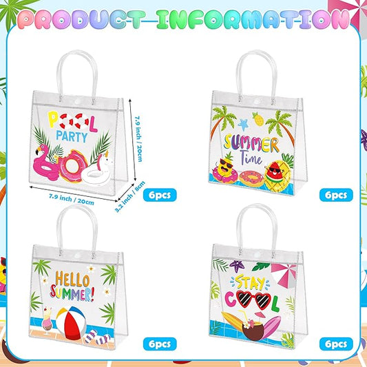 H1vojoxo Hello Summer Gift Bags - 24PCS Summer Pool Party Favor Clear Gift Bags with Handles 7.9x3.2x7.9 Inch Pool Clear PVC Gift Bag 4 Styles Waterproof and Reusable Beach Goodie Treat Party Tote Bag