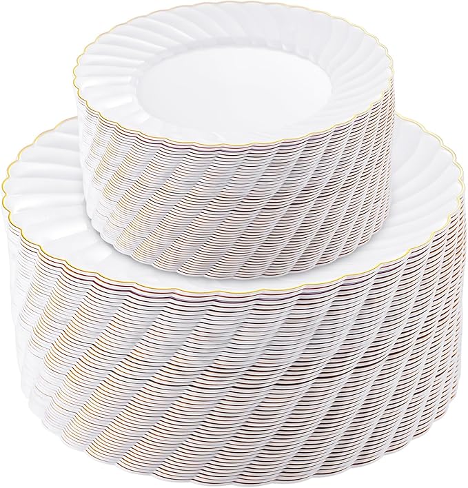 U-QE 100 Pieces Gold Plastic Plates - Premium White Plastic Plates for Party, Wedding and Daily Use Including 50PCS 9 '' Plastic Dinner Plates & 50PCS 6.5 '' Plastic Dessert Plates