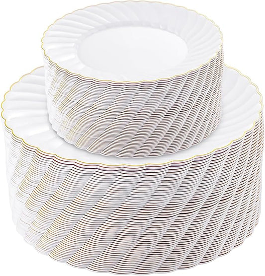 U-QE 100 Pieces Gold Plastic Plates - Premium White Plastic Plates for Party, Wedding and Daily Use Including 50PCS 9 '' Plastic Dinner Plates & 50PCS 6.5 '' Plastic Dessert Plates