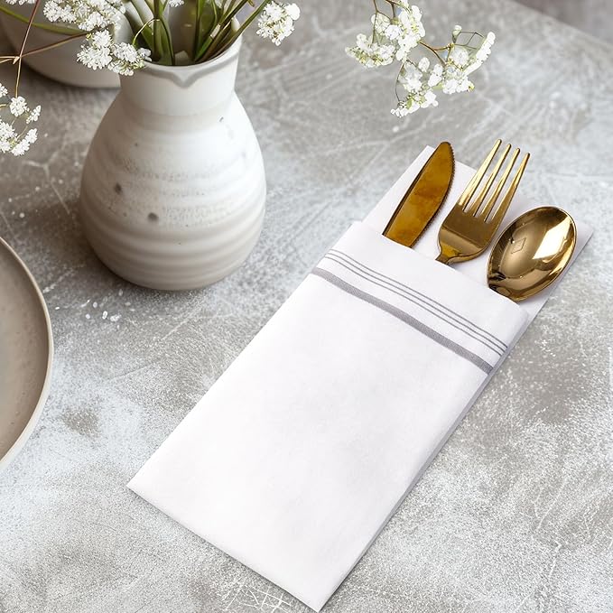 200 Disposable Paper Hand Towels for Bathroom, Linen Feel Guest Towels, Soft and Absorbent Paper Towels Napkins Bulk for Home Dinner Kitchen Wedding, 12" x 17"(Silver Trim Lined)