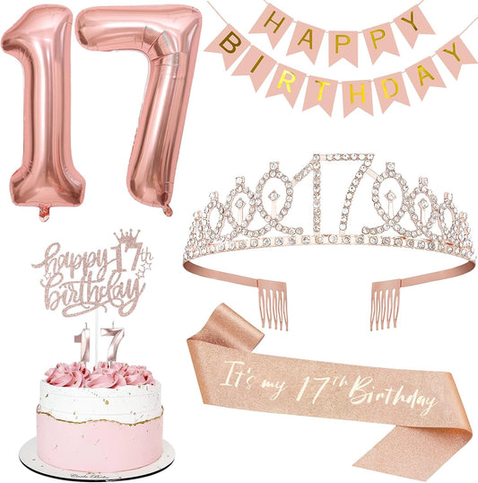17th Birthday Decorations for Girls, Including 17th Tiara and Sash, Happy Birthday Banner, Cake Toppers, Number Candles and Balloons Set, Rose Gold