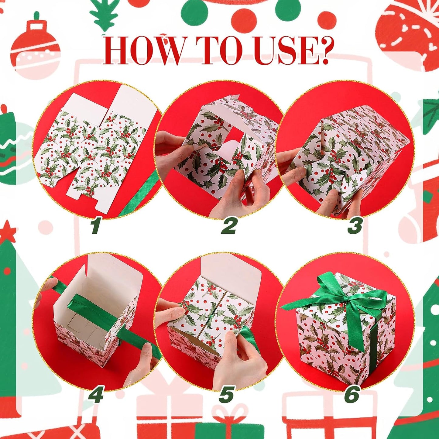 Dispowreath 48 Pcs 4x4x4 Christmas Gift Boxes with Ribbon Xmas Small Box with Lids Treat Boxes for Gift Wrapping Ornaments Wedding Holiday Birthday Party Favor(Berry Branch)