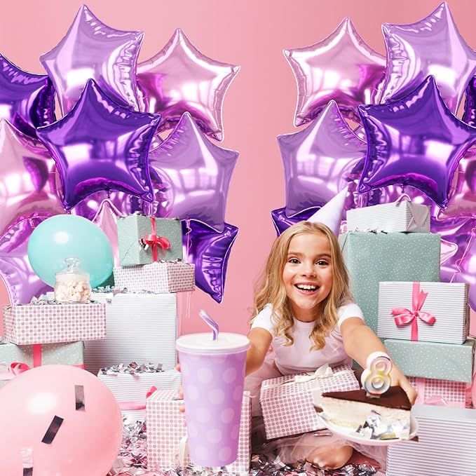 Purple Pink Star Foil Balloon, 10PCS Foil Stars Shape Balloons, 18 Inch Metallic Pink and Purple Stars Balloons for Helium Pentagram Balloon for Girls Birthday, Butterfly, Anniversary Party Decoration