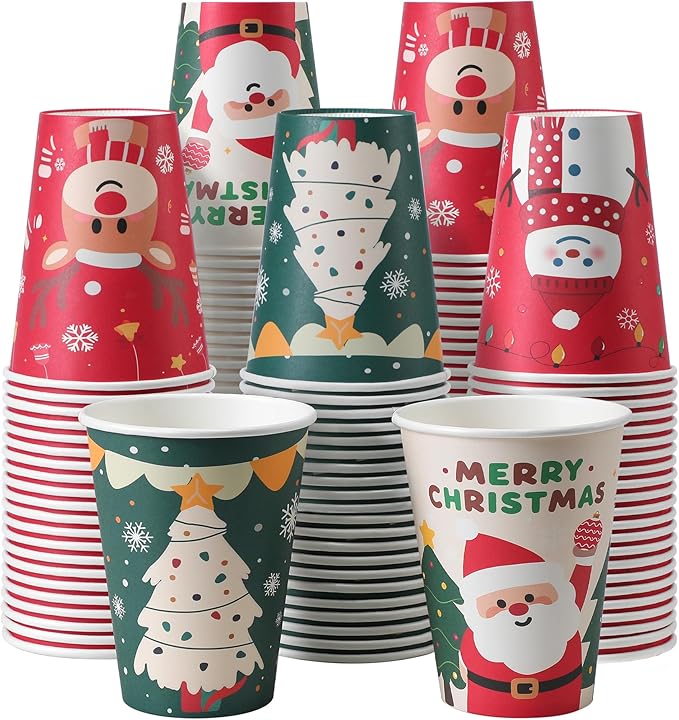 100 Pack 12 oz Christmas Coffee Cups No Lids, Disposable Hot Cold Drinking Cup, 12 Ounce Paper Coffee Cups for Party, Businsess, Holiday, Home