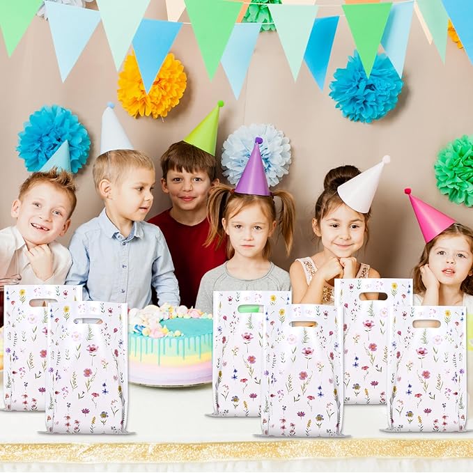 HJZHII 50 Pcs Party Favor Bags, Floral Bags Gift Bag Wildflower Print Treat Bag Multicolor Flowers with Handle for Wedding Candy Birthday Baby Bridal Shower Party Decorations Supplies
