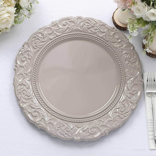 Efavormart Set of 6 | Taupe Green 14" Round Plastic Charger Plates With Engraved Baroque Design Rim For Wedding Party Events