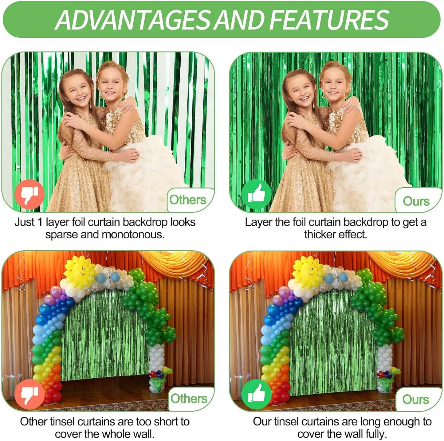 Crosize 5 Pack 3.3 x 9.9 ft Green Foil Fringe Curtains Party Decorations, Green Tinsel Curtain Backdrop for Parties, Door Streamers, Glitter Streamer Backdrop for Birthday Decoration