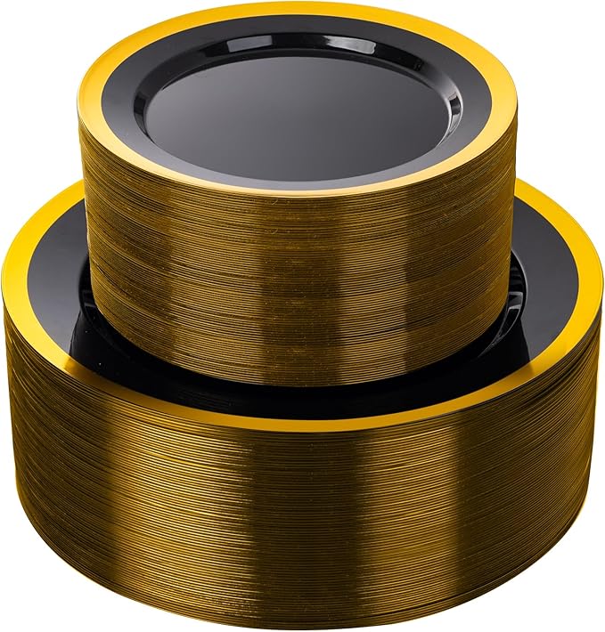 supernal 120pcs Black and Gold Plastic Plates Disposable Fancy Elegant Party Plates Heavy Duty Gold Plastic Dinnerware with Dinner and Dessert Size for Party, Valentine's Day Party and Wedding
