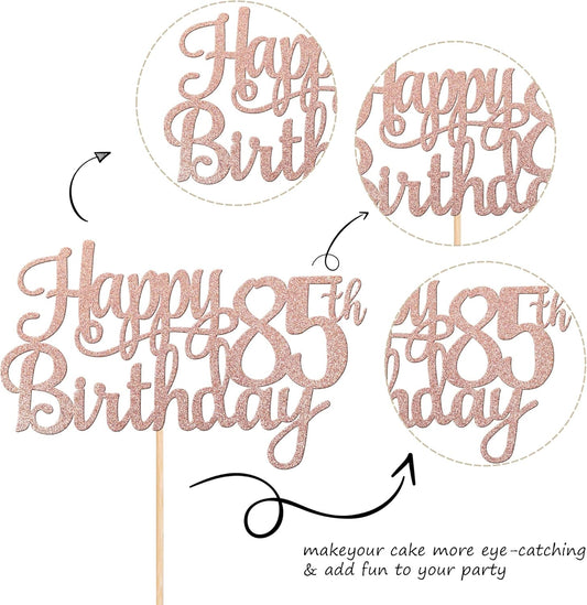 1 PCS Happy 85th Birthday Cake Topper Glitter Cheers to 85 Years Birthday Cake Pick 85 Fabulous Cake Decoration for Happy 85th Birthday Theme Party Decorations Supplies Rose Gold