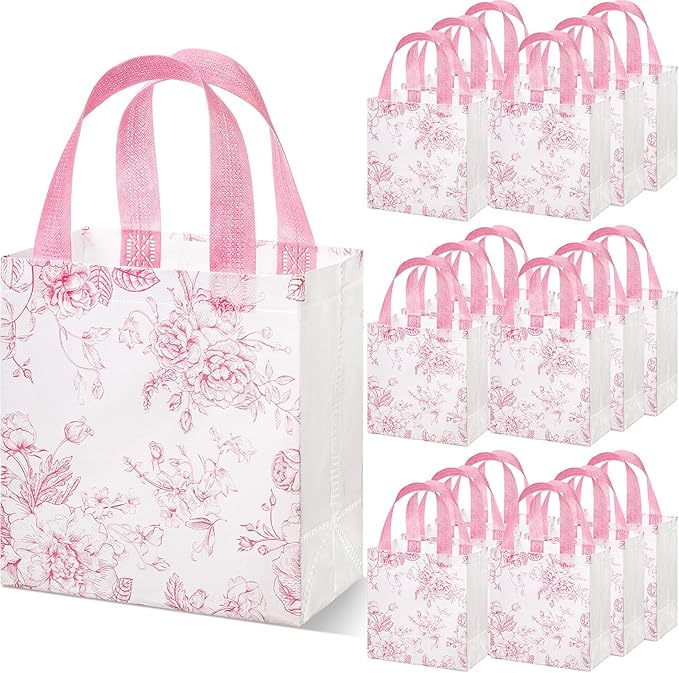 Sweetude 16 Pcs Mother's Day Pink Floral Gift Bags with Handle Flower Non-woven Reusable Tote Bags for Wedding Birthday Baby Shower Party Favor Easter