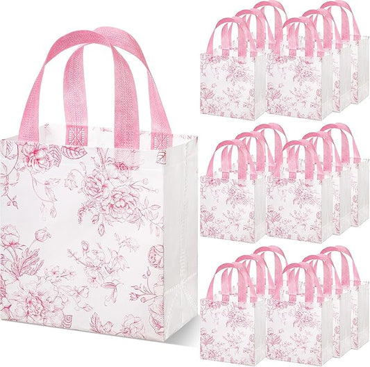 Sweetude 16 Pcs Mother's Day Pink Floral Gift Bags with Handle Flower Non-woven Reusable Tote Bags for Wedding Birthday Baby Shower Party Favor Easter