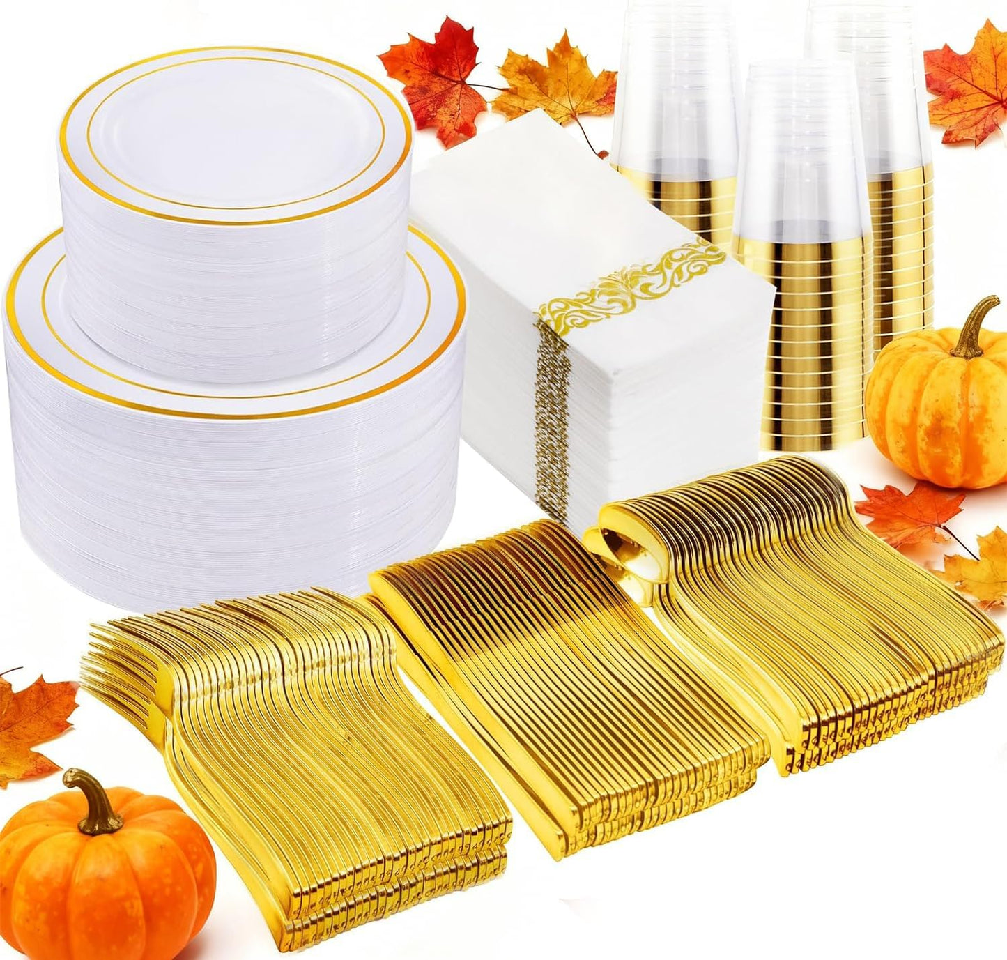 I00000 700Pcs Gold Dinnerware Set for 100 Guests, Plastic Plates for Party, Include: 100 Rim Dinner Plate, 100 Dessert Plate, 100 Paper Napkins, 100 Cups, 100 Gold Plastic Silverware Set