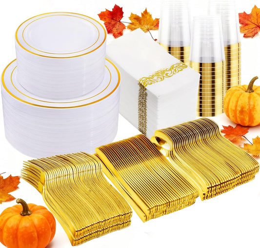 I00000 700Pcs Gold Dinnerware Set for 100 Guests, Plastic Plates for Party, Include: 100 Rim Dinner Plate, 100 Dessert Plate, 100 Paper Napkins, 100 Cups, 100 Gold Plastic Silverware Set